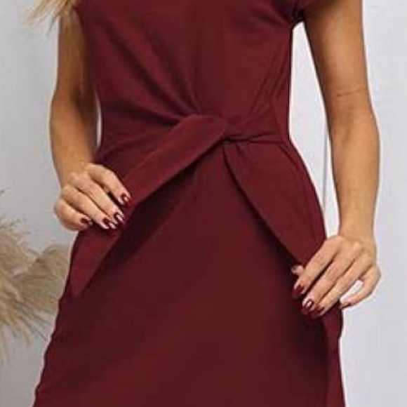 Women’s Tie Waist Cap Sleeve T-Shirt Dress in Wine Red - Picture 10 of 13